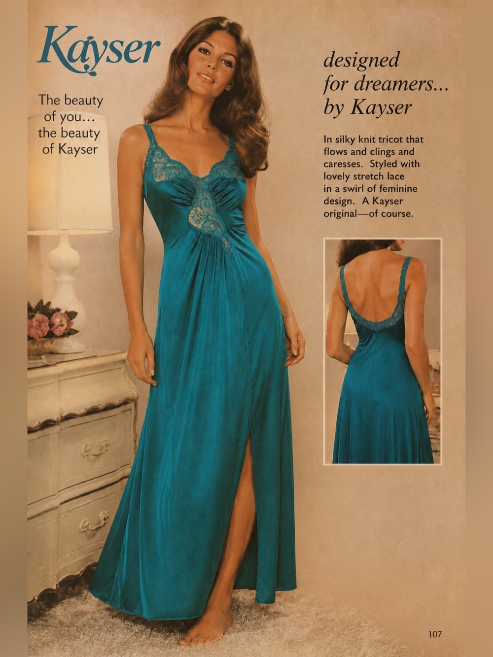 Vintage 70s Kayser Teal Nylon Satin Lace Maxi Nightgown Slip Dress USA Small